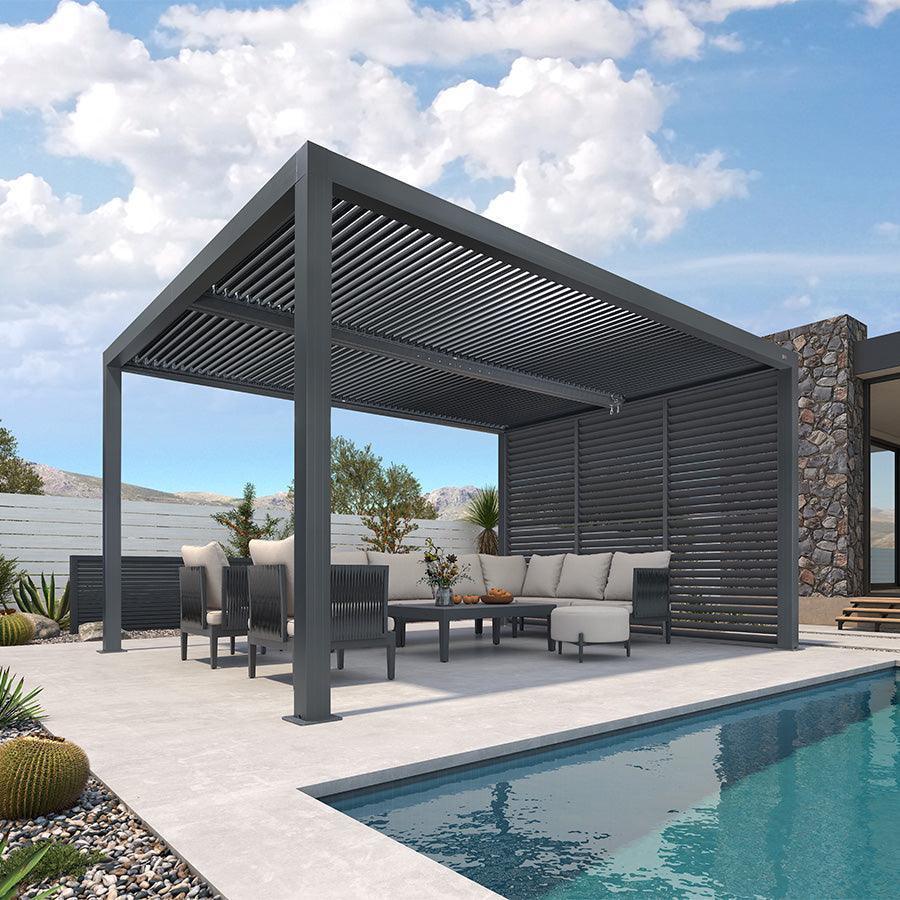 PURPLE LEAF Athena Louvered Pergola Grey Outdoor Aluminum Pergola with Shutter Wall Adjustable Gazebo Rainproof for Patio Deck Garden