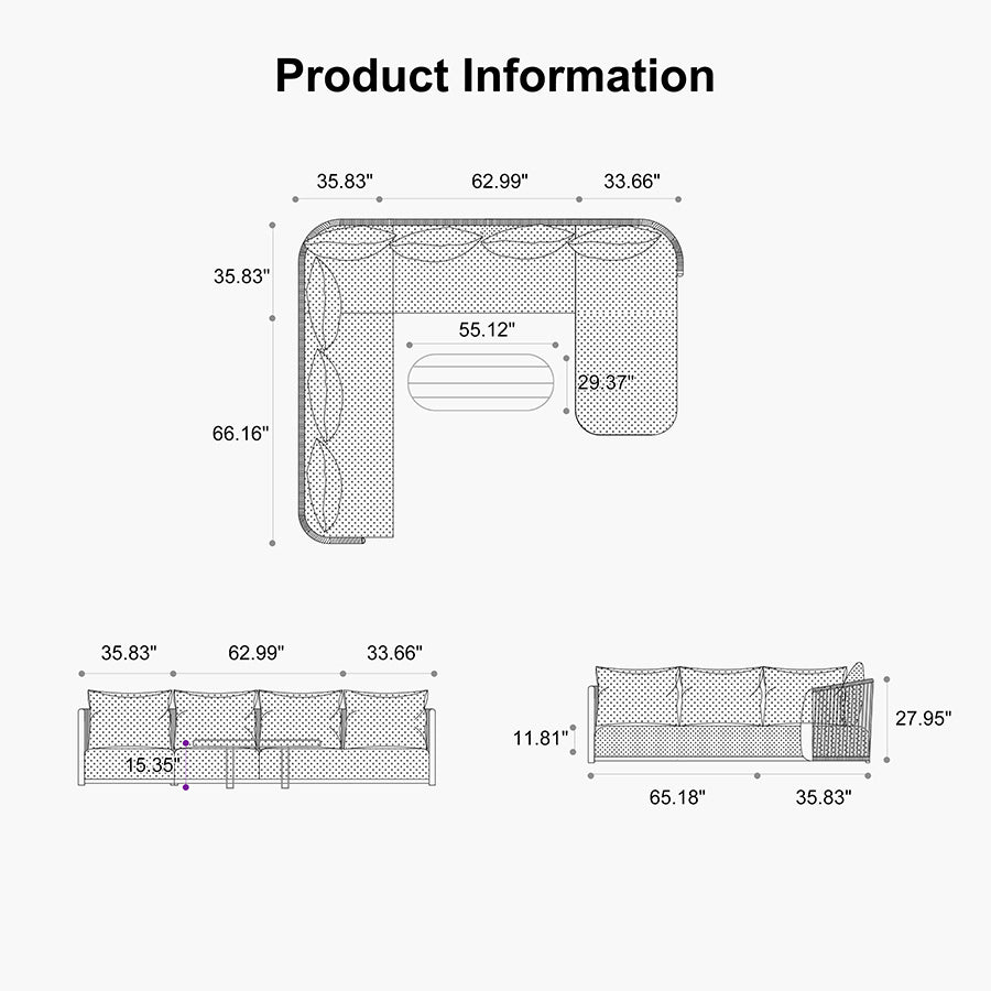 PURPLE LEAF Hailar U-Shaped Patio Conversation Set with Genuine Teak Cushions and Pillows Olefin Rope Backrest Outdoor Couch Sets for Porch Garden
