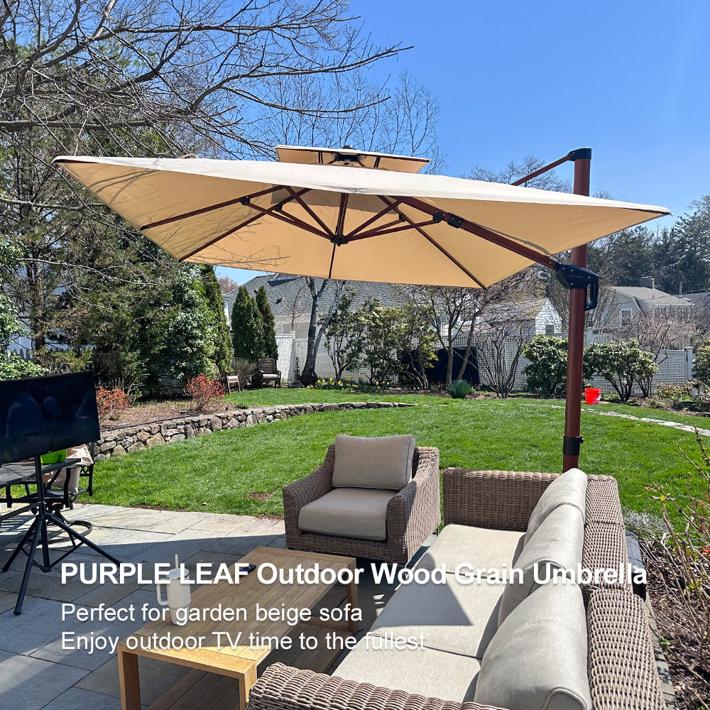 PURPLE LEAF Outdoor Garden Umbrella with Base, Cantilever Umbrellas in Wood Color