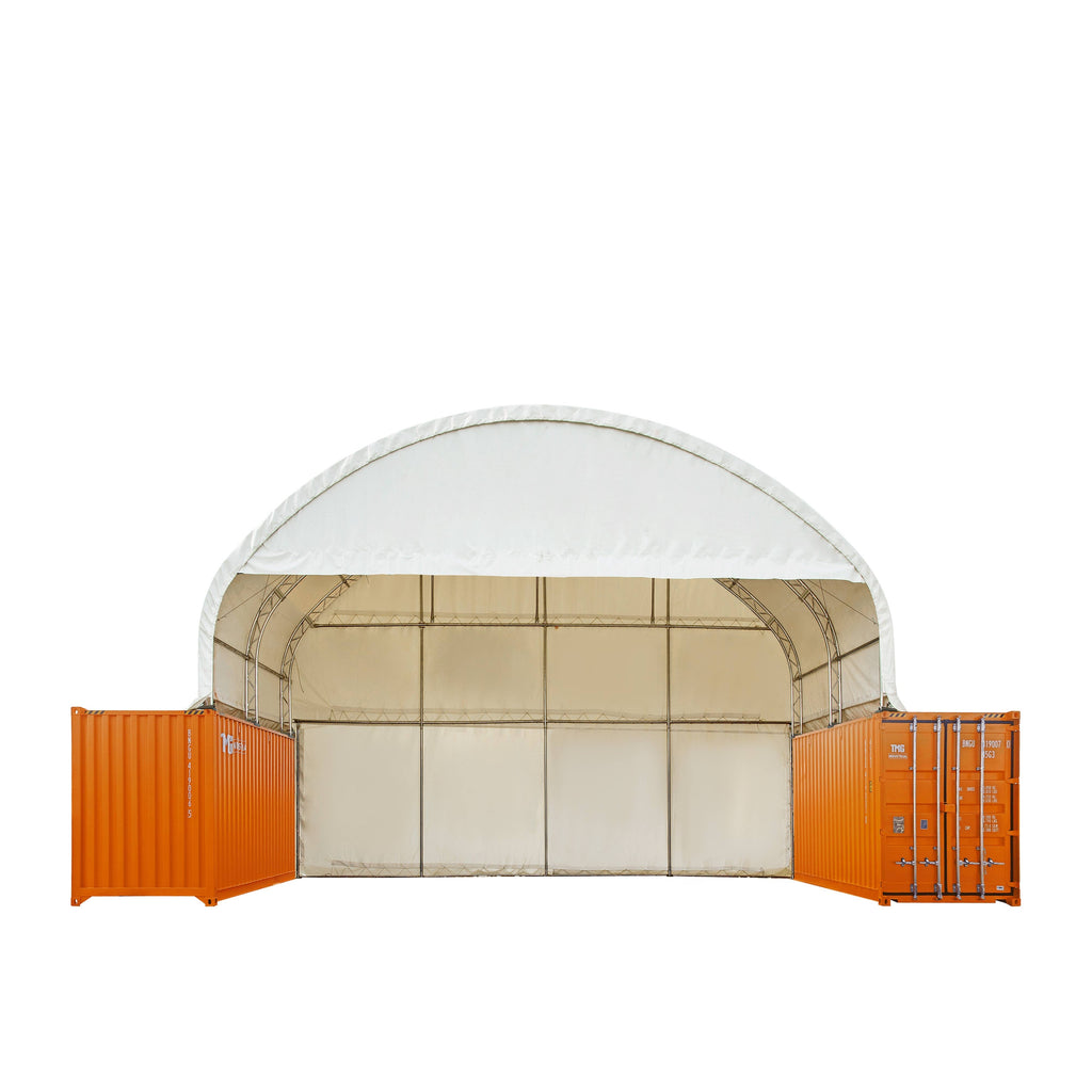40' x 20' Dual Truss Container Shelter with Heavy Duty 21 oz PVC Cover, Enclosed End Wall & Front Drop, TMG-DT4022CF8