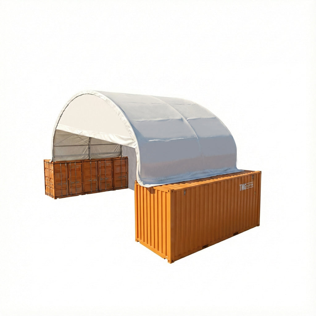 40' x 20' Dual Truss Container Shelter with Heavy Duty 21 oz PVC Cover, Enclosed End Wall & Front Drop, TMG-DT4022CF8