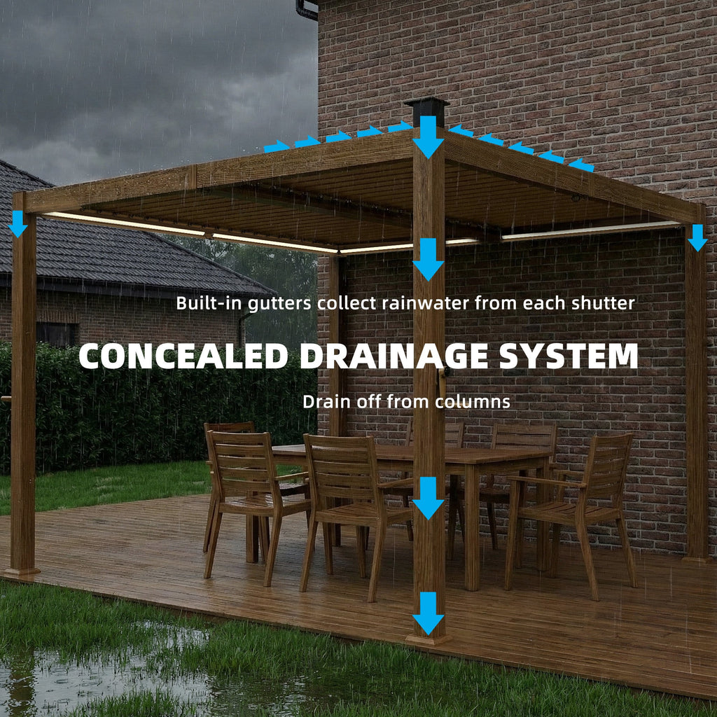 10' x 10' Louvered Pergola with Solar LED Lights and Adjustable Roof, Brown