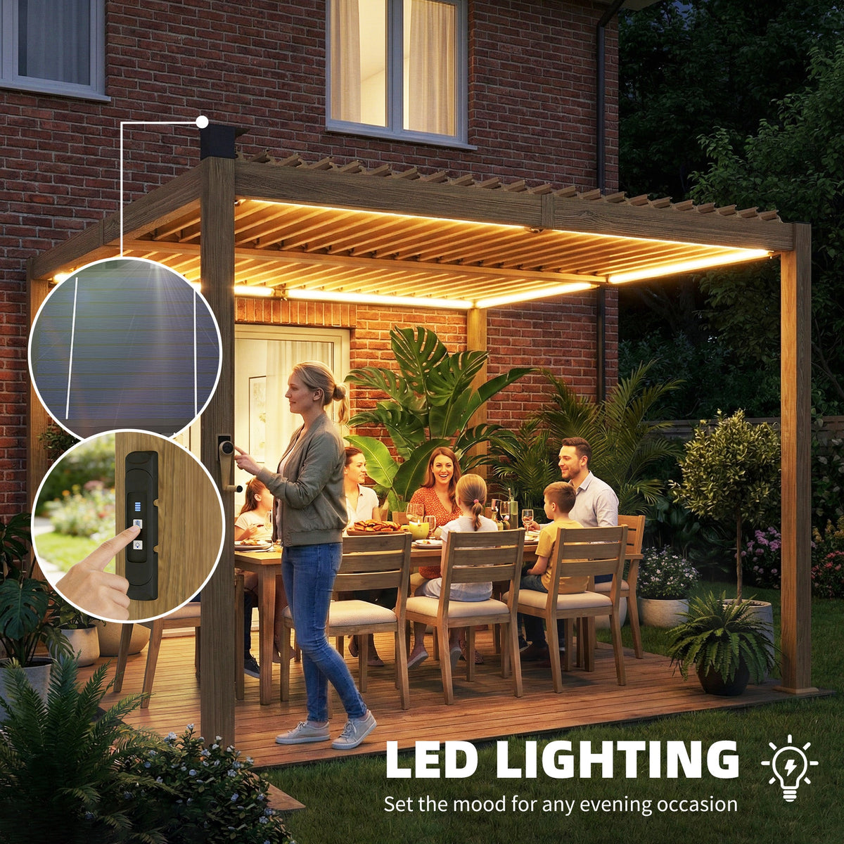 10' x 10' Louvered Pergola with Solar LED Lights and Adjustable Roof, Brown