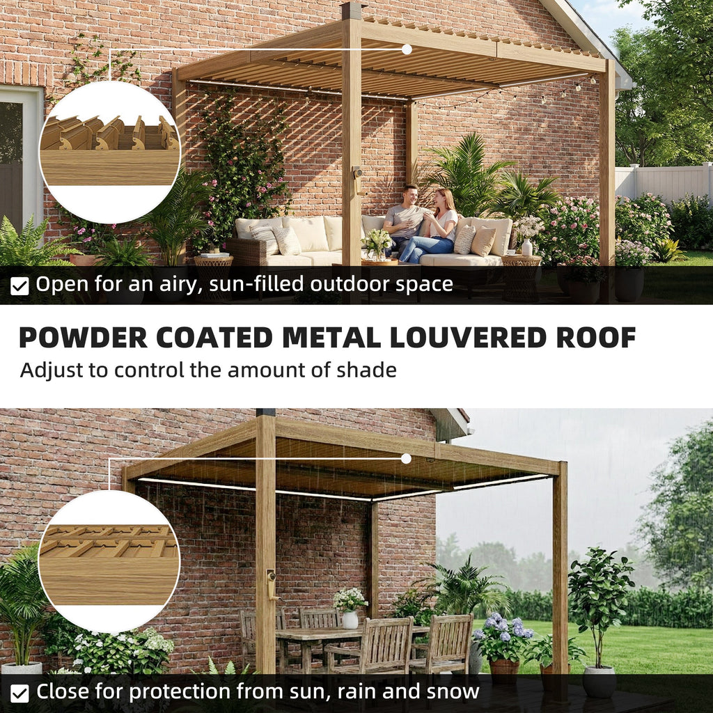 10' x 10' Louvered Pergola with Solar LED Lights and Adjustable Roof, Brown