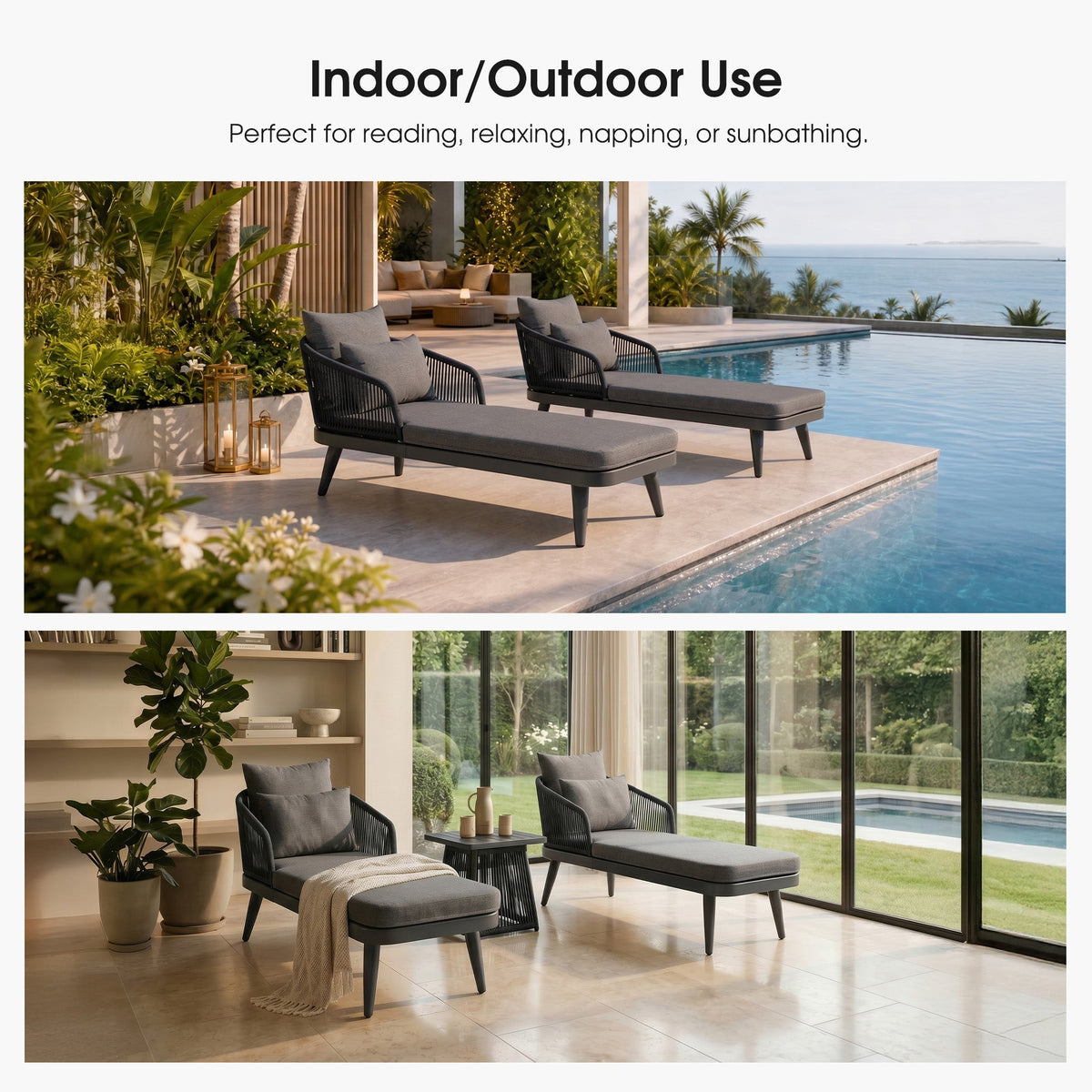 PURPLE LEAF Outdoor Chaise Lounge Thick Cushion, Aluminum Frame Patio Lounge Chair with Pillow & Lumbar Support, Wicker Armrests Sun Lounger for Poolside, Backyard, All-Weather Use