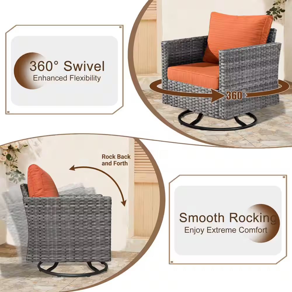 Michigan 6-Piece Wicker Outdoor Patio Fire Pit Seating Sofa Set and with Orange Red Cushions and Swivel Rocking Chairs