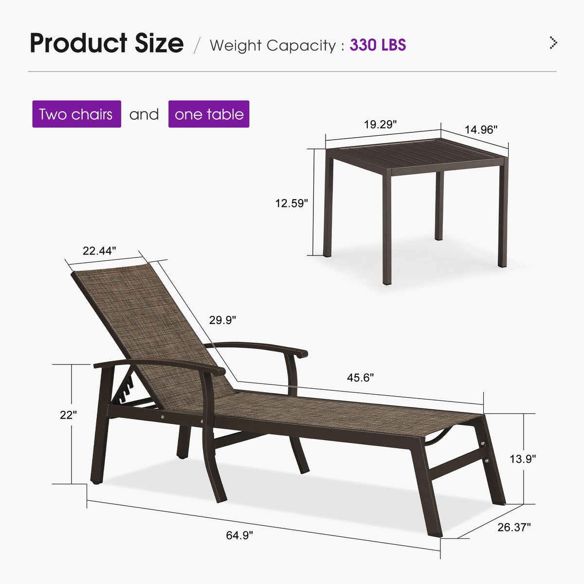 PURPLE LEAF Outdoor Chaise Lounge Chair Patio Pool Lounger Aluminum Chairs with Side Table and Wheels Adjustable Tanning Recliner with Armrests for Outside Backyard Deck Beach