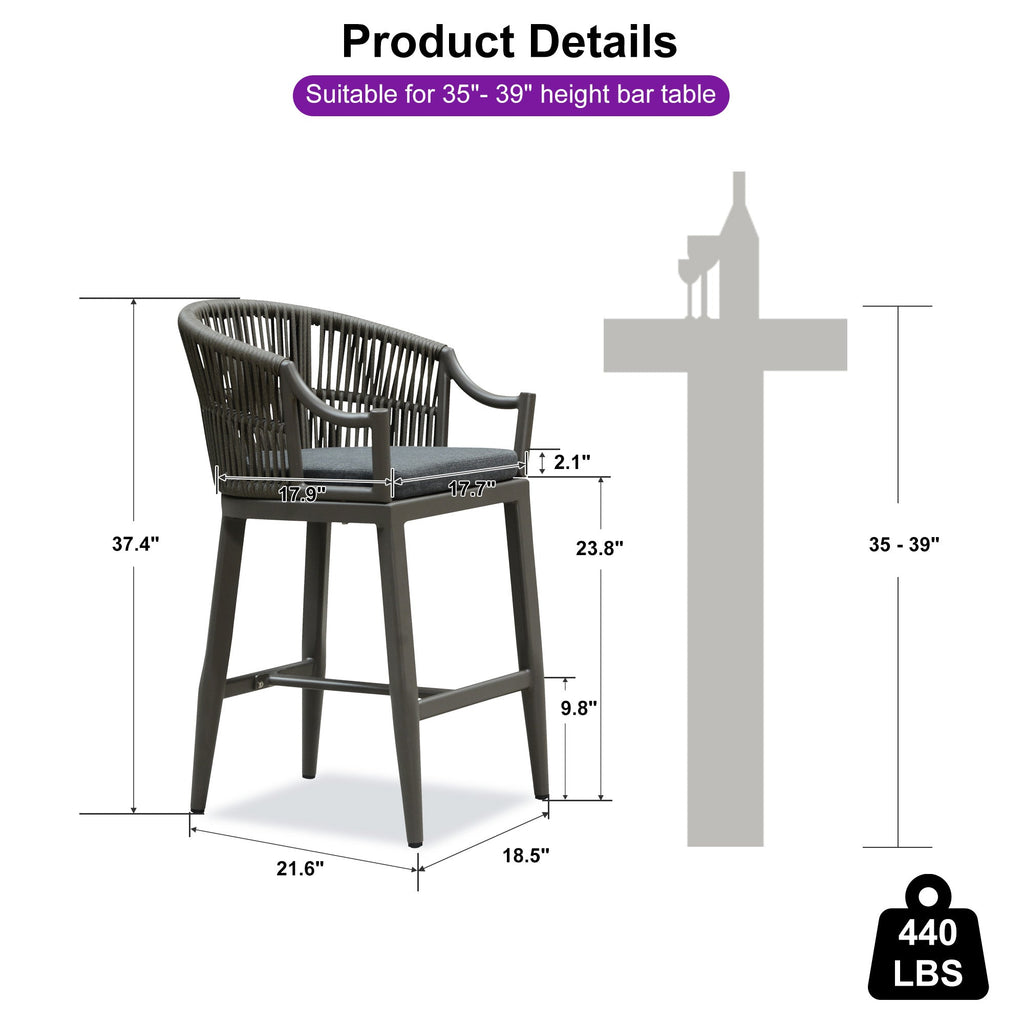 PURPLE LEAF Patio Bar Stools Set of 2 Outdoor Wicker Modern High Bar Chairs Metal Cushioned Barstools with Backs and Ergonomic Armrest