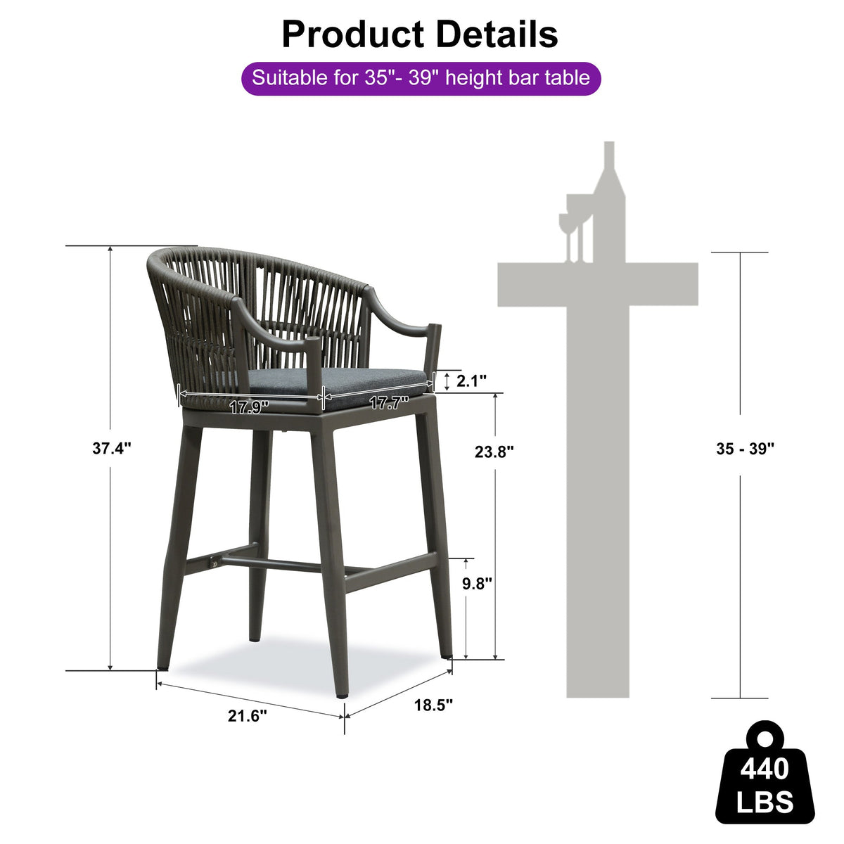 PURPLE LEAF Patio Bar Stools Set of 2 Outdoor Wicker Modern High Bar Chairs Metal Cushioned Barstools with Backs and Ergonomic Armrest
