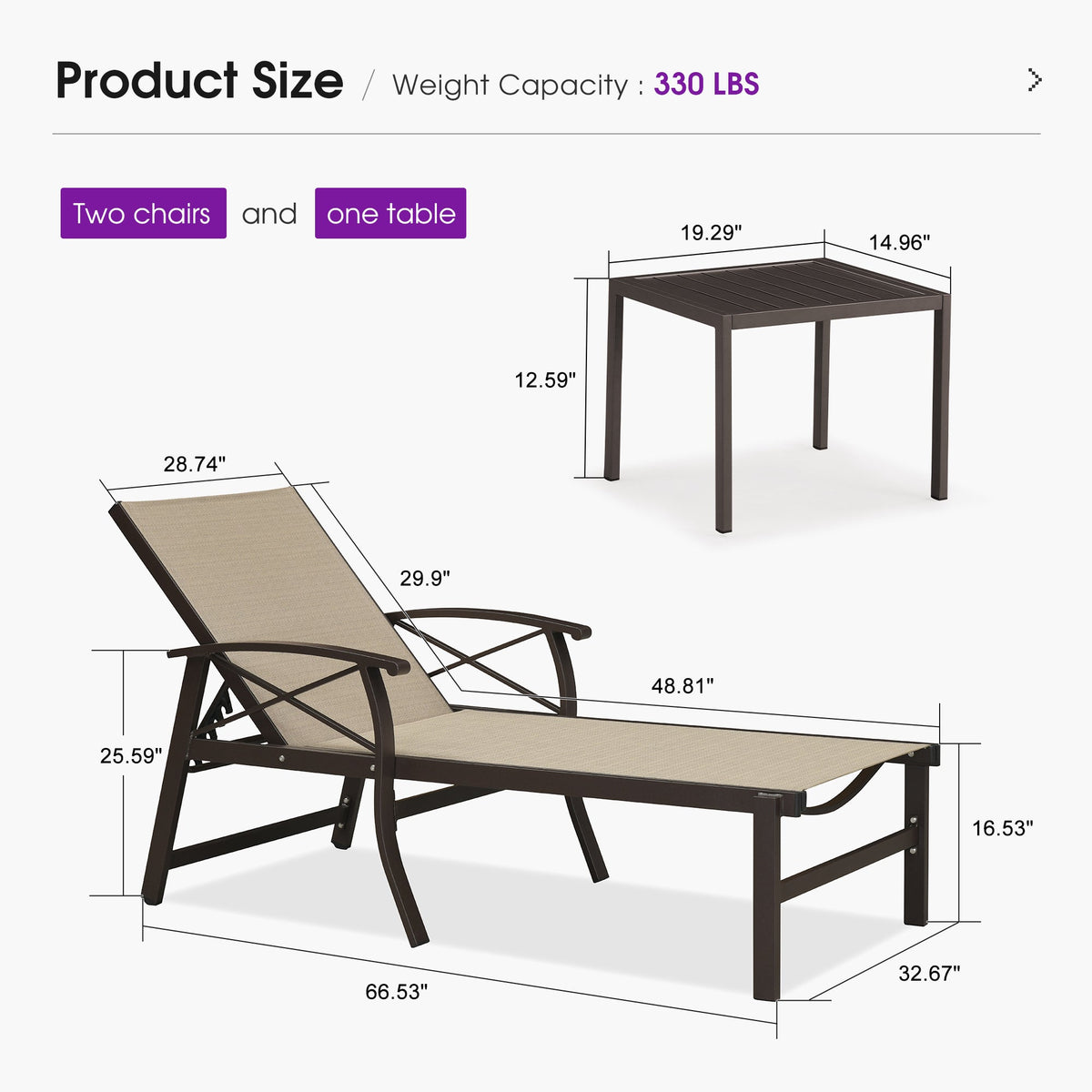 PURPLE LEAF Outdoor Chaise Lounge Chair Patio Pool Lounger Aluminum Chairs with Side Table and Wheels Adjustable Tanning Recliner with Armrests for Outside Backyard Deck Beach