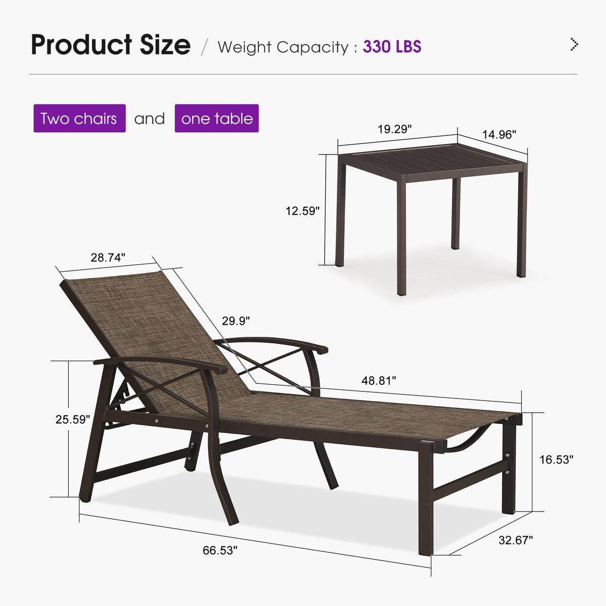 PURPLE LEAF Oversized Chaise Lounge Chair Outdoor Extra Wide Pool Lounge Chairs 5 Adjustable Position with Armrests and Side Table, Aluminum Patio Lounge Chair for Outside, Backyard, Pool