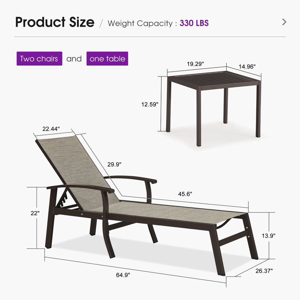 PURPLE LEAF Oversized Chaise Lounge Chair Outdoor Extra Wide Pool Lounge Chairs 5 Adjustable Position with Armrests and Side Table, Aluminum Patio Lounge Chair for Outside, Backyard, Pool