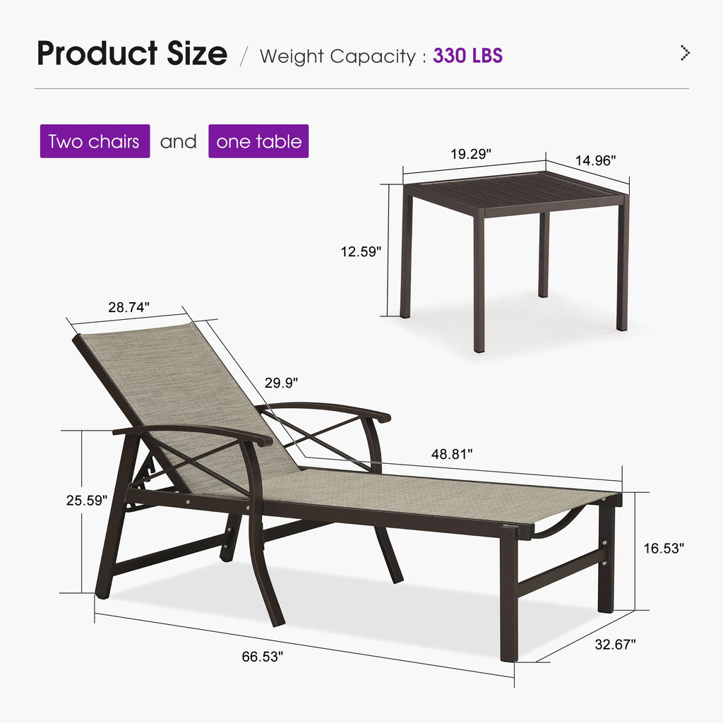 PURPLE LEAF Outdoor Chaise Lounge Chair Patio Pool Lounger Aluminum Chairs with Side Table and Wheels Adjustable Tanning Recliner with Armrests for Outside Backyard Deck Beach