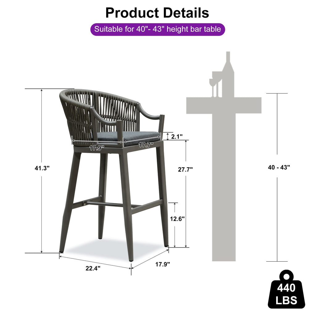 PURPLE LEAF Patio Bar Stools Set of 2 Outdoor Wicker Modern High Bar Chairs Metal Cushioned Barstools with Backs and Ergonomic Armrest