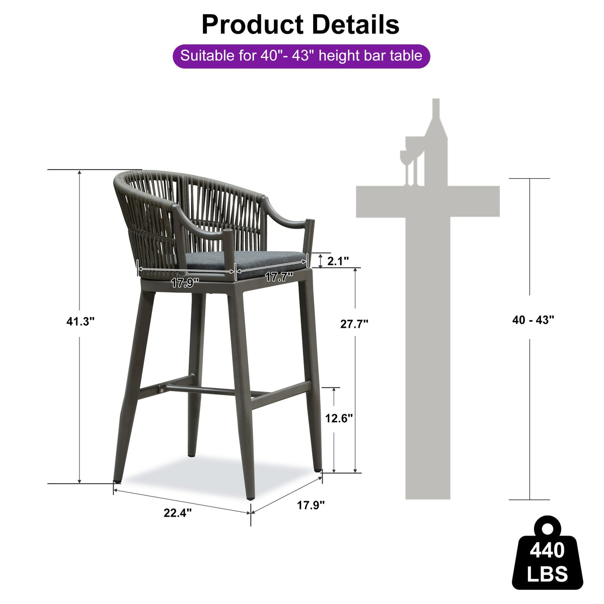 PURPLE LEAF Patio Bar Stools Set of 2 Outdoor Wicker Modern High Bar Chairs Metal Cushioned Barstools with Backs and Ergonomic Armrest