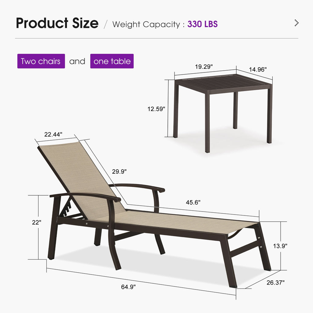 PURPLE LEAF Outdoor Chaise Lounge Chair Patio Pool Lounger Aluminum Chairs with Side Table and Wheels Adjustable Tanning Recliner with Armrests for Outside Backyard Deck Beach
