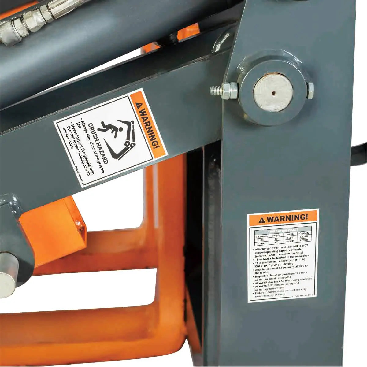48" Two-Cylinder Pallet Fork Pipe Grapple, 6200-lb Lift Capacity, ITA Class III Forged Tines, Skid Steer Mount, TMG-SPG45