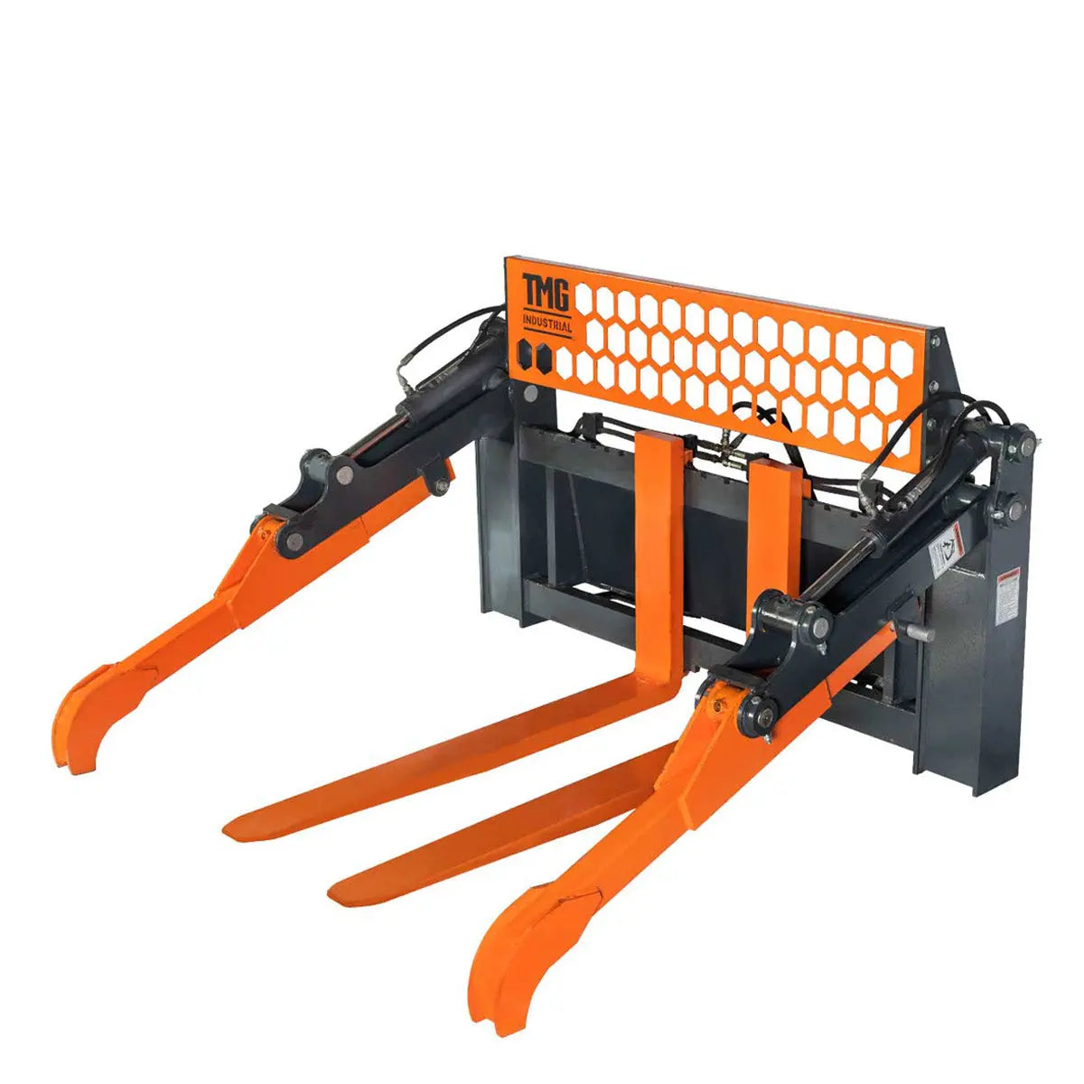 48" Two-Cylinder Pallet Fork Pipe Grapple, 6200-lb Lift Capacity, ITA Class III Forged Tines, Skid Steer Mount, TMG-SPG45