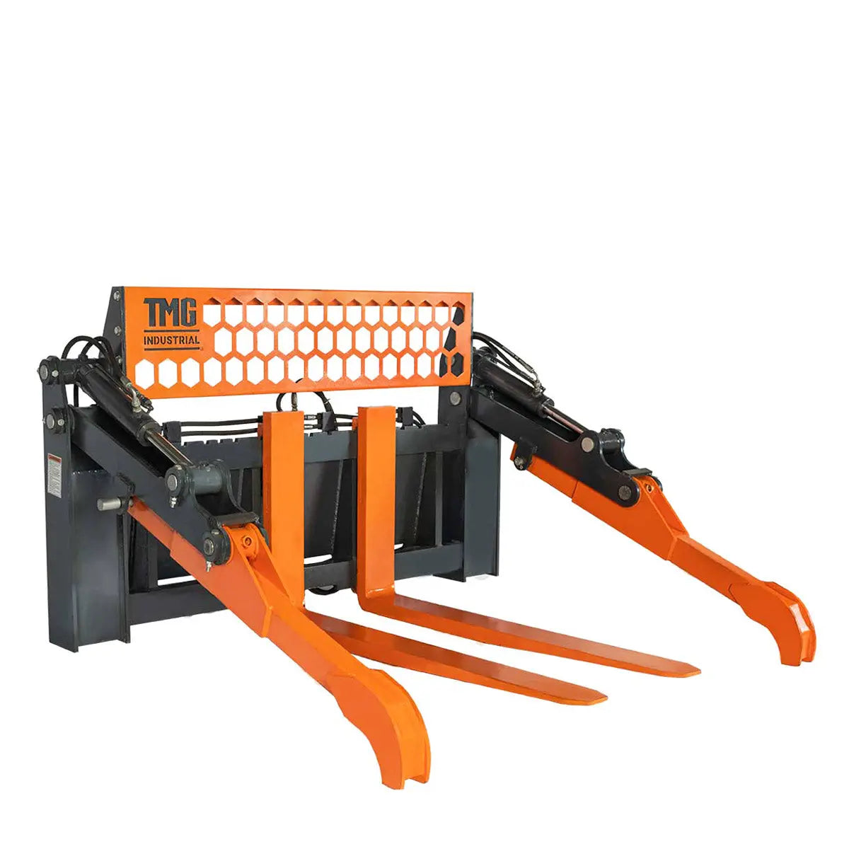 48" Two-Cylinder Pallet Fork Pipe Grapple, 6200-lb Lift Capacity, ITA Class III Forged Tines, Skid Steer Mount, TMG-SPG45