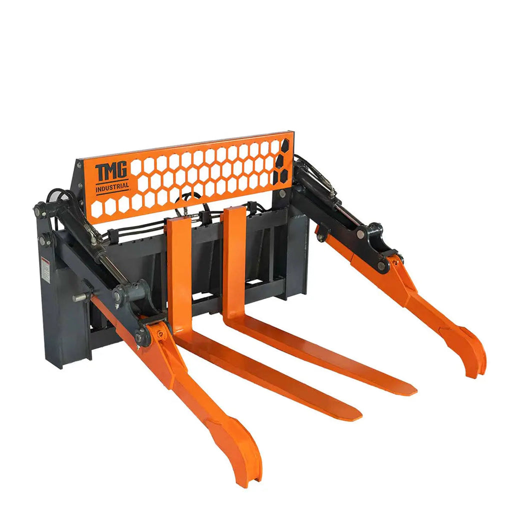 48" Two-Cylinder Pallet Fork Pipe Grapple, 6200-lb Lift Capacity, ITA Class III Forged Tines, Skid Steer Mount, TMG-SPG45