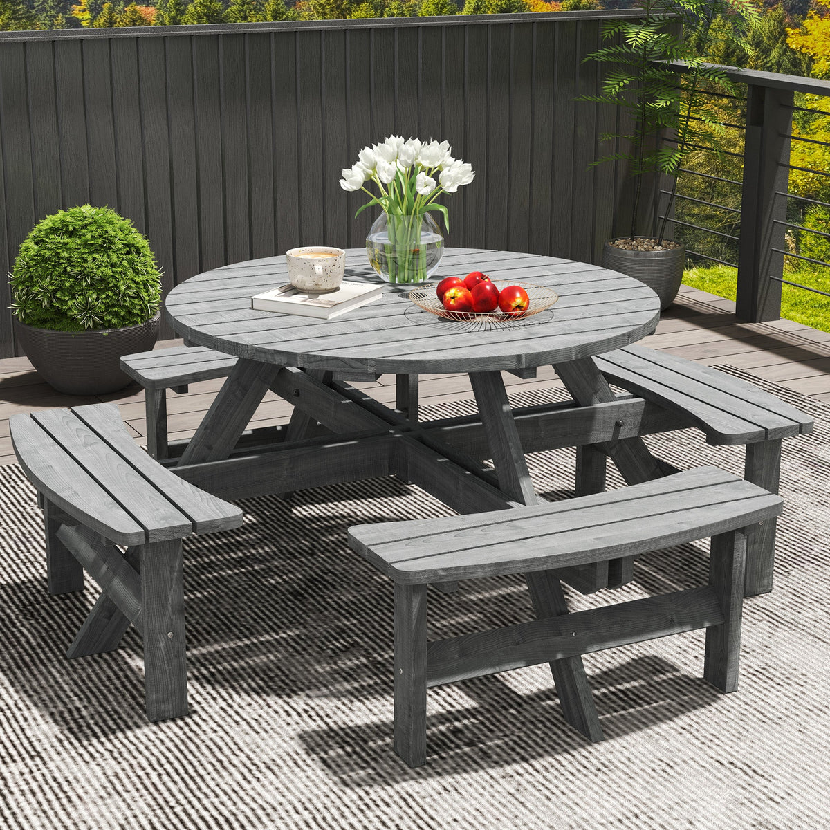 Wooden Patio Dining Set for 8 with Round Table and 4 Benches, Grey
