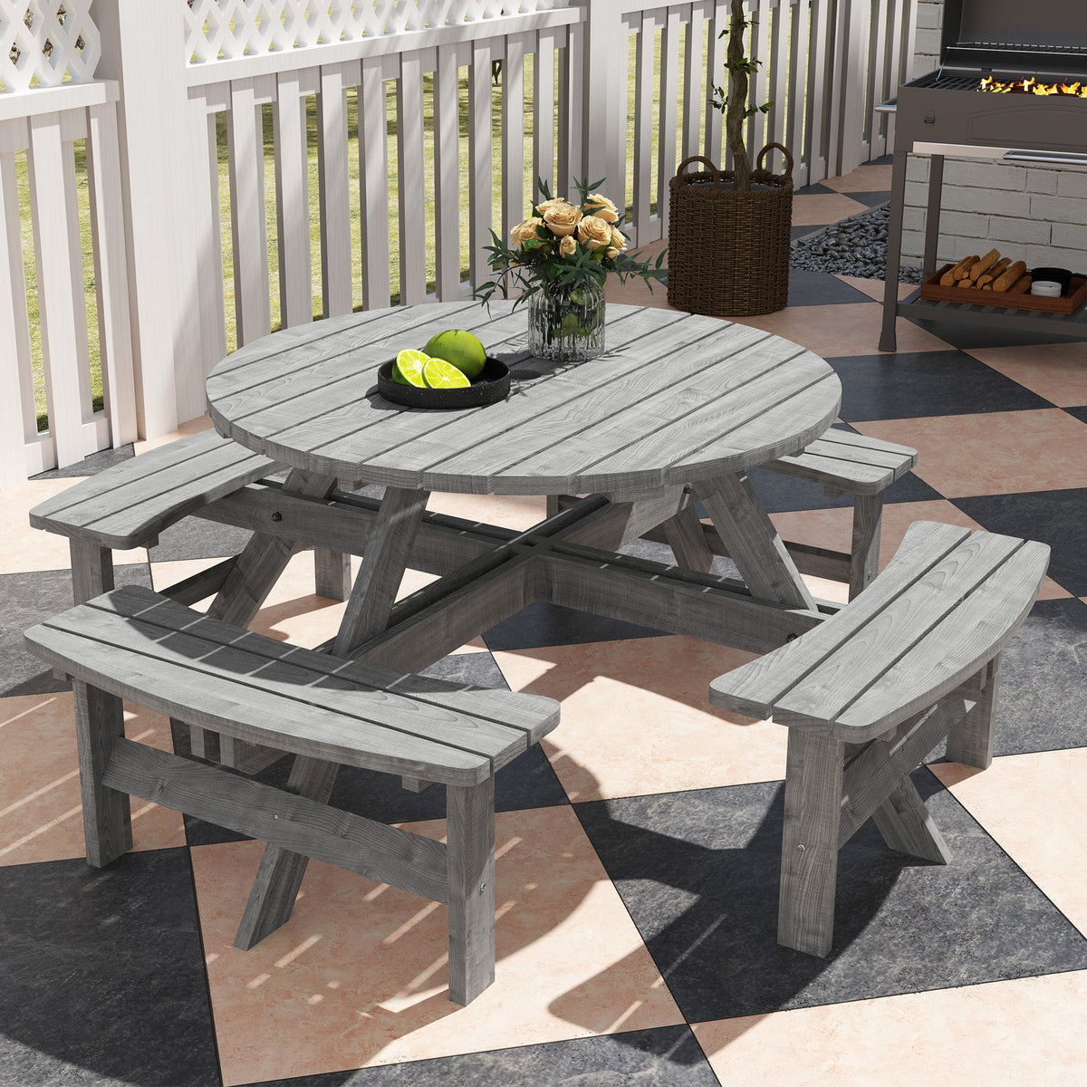 Wooden Patio Dining Set for 8 with Round Table and 4 Benches, Grey