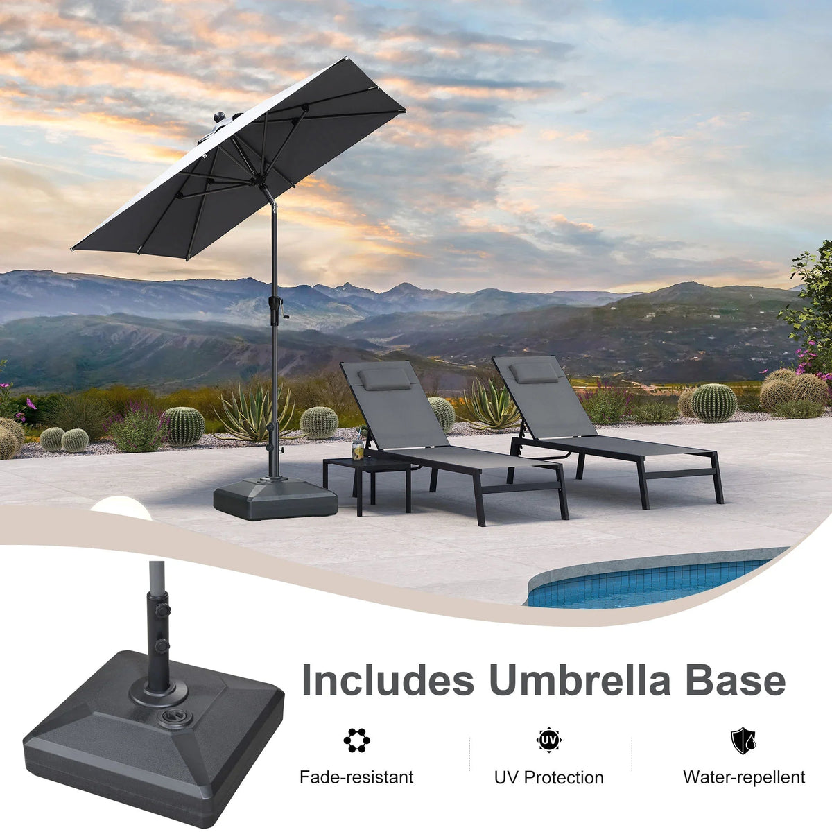 PURPLE LEAF – Parasol carré de table de terrasse avec manivelle, inclinaison et base pour jardin et porche