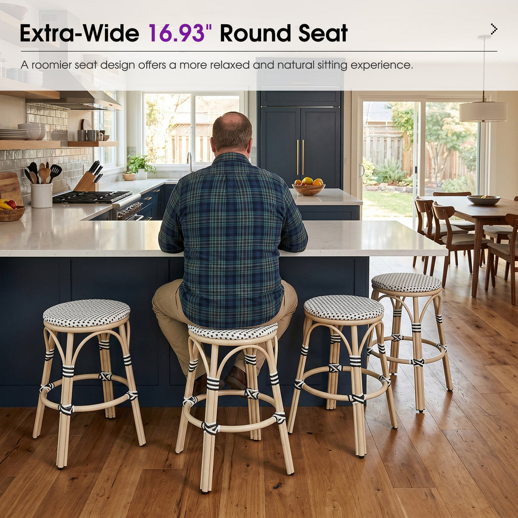 PURPLE LEAF Patio French Round Counter Stool Set of 2 Rattan Backless Stackable Barstools Aluminum Frame Footrest with Woven Wicker for Outdoor Kitchen Yard