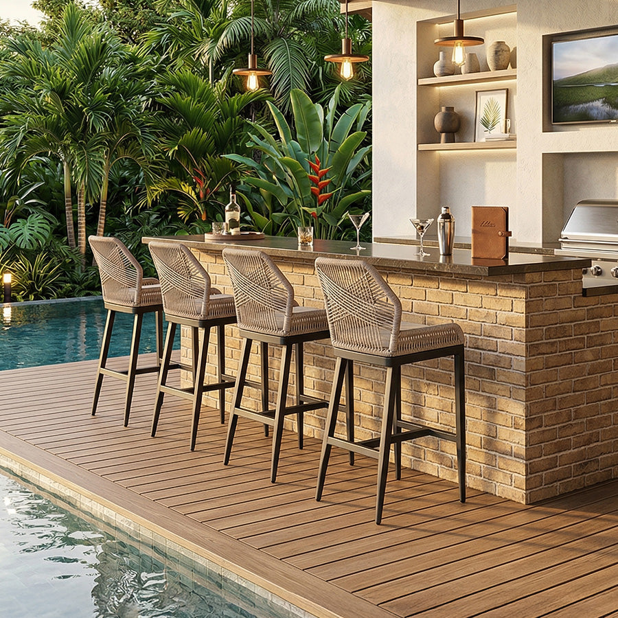 PURPLE LEAF Bar Stools Set of 4 Outdoor Aluminum Barstools with Back Modern Wicker Rattan Boho Garden Pool Patio Bar Chairs