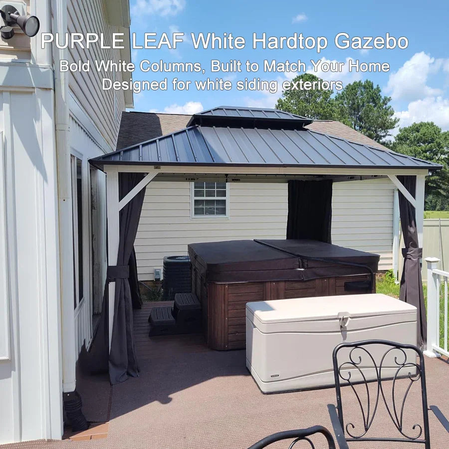 PURPLE LEAF Modern Gazebo Grey Hardtop Galvanized Steel Double Roof White Aluminum Poles with Curtains and Netting with Lights-clear