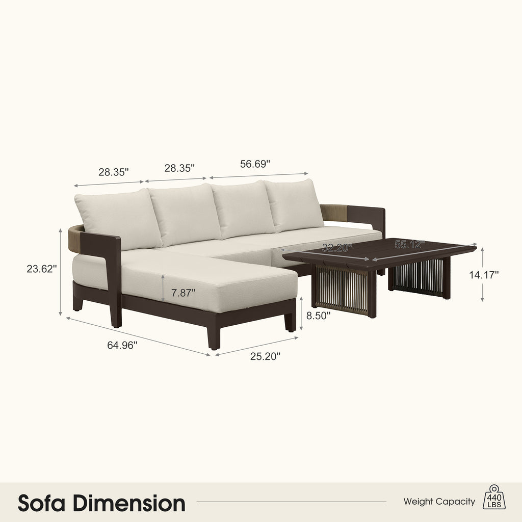 PURPLE LEAF Tuscany L-Shaped Patio Conversation Set with Removable Cushions and Pillows Bronze Aluminum Frame Outdoor Couch Sets for Porch Yard Garden