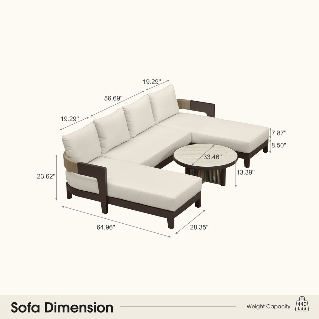 PURPLE LEAF Tuscany U-Shaped Patio Conversation Set with Removable Cushions and Pillows Bronze Aluminum Frame Outdoor Couch Sets for Porch Yard Garden