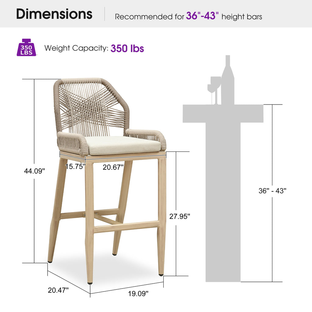 PURPLE LEAF Patio Bar Stools Counter Stools Outdoor Rattan Chairs with Back Modern Aluminum Woven Barstools for Garden Patio Kitchen Indoor