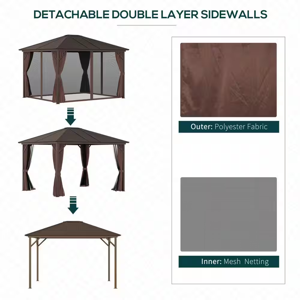 12 Ft. X 10 Ft. Steel Hardtop Canopy Gazebo with Fully Enclosed Zippered Curtains and Roomy Comfortable Interior, Brown
