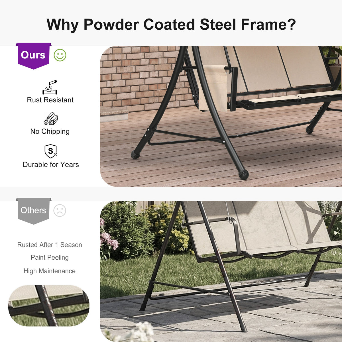 PURPLE LEAF Porch Swing with Adjustable Tilt Canopy Patio Swing with Stand and Meatl Steel Frame All-Weather Outdoor Swing Chair Seat Space-Saving for Backyard Garden Deck