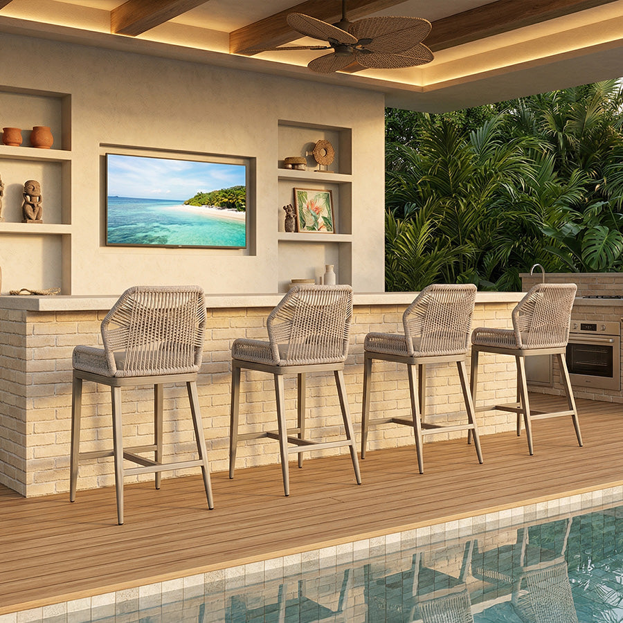 PURPLE LEAF Bar Stools Set of 4 Outdoor Aluminum Barstools with Back Modern Wicker Rattan Boho Garden Pool Patio Bar Chairs