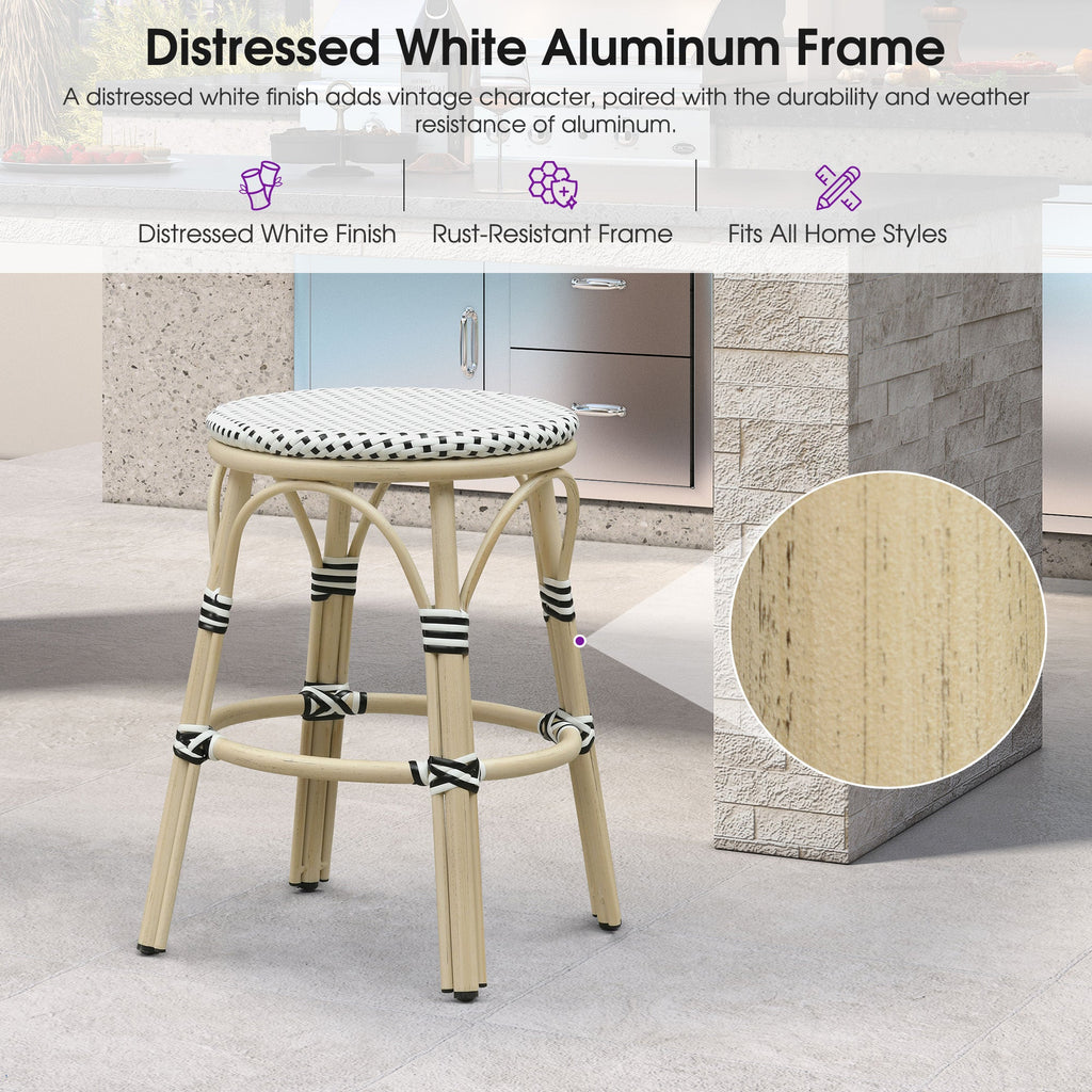 PURPLE LEAF Patio French Round Counter Stool Set of 2 Rattan Backless Stackable Barstools Aluminum Frame Footrest with Woven Wicker for Outdoor Kitchen Yard