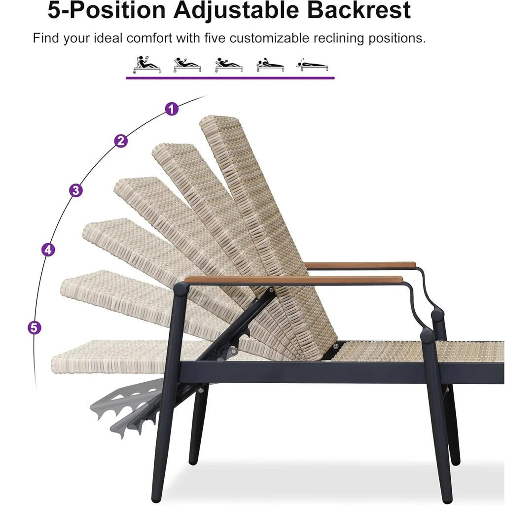 PURPLE LEAF Outdoor Chaise Lounge Chair Set of 2 Patio Pool Lounger Aluminum Chairs with Wooden Armrest Sunbathing Tanning Recliner for Outside Backyard White