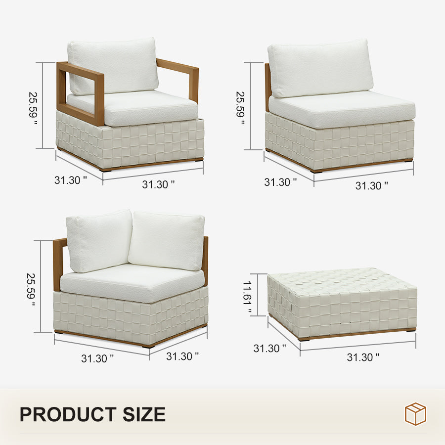 PURPLE LEAF Griffin L-shaped Patio Conversation Set White with Cushion Pillows Ottoman and Premium Leather for Patio Balcony