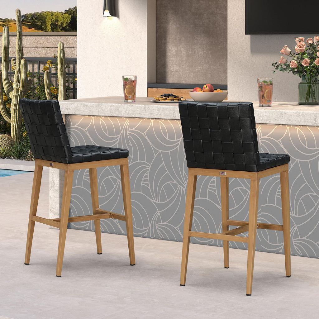 PURPLE LEAF Outdoor Counter Height Stools Set of 2, PU Leather Patio Bar Set with Aluminum Frame, Bar Chairs for Poolside, Garden, Kitchen Island
