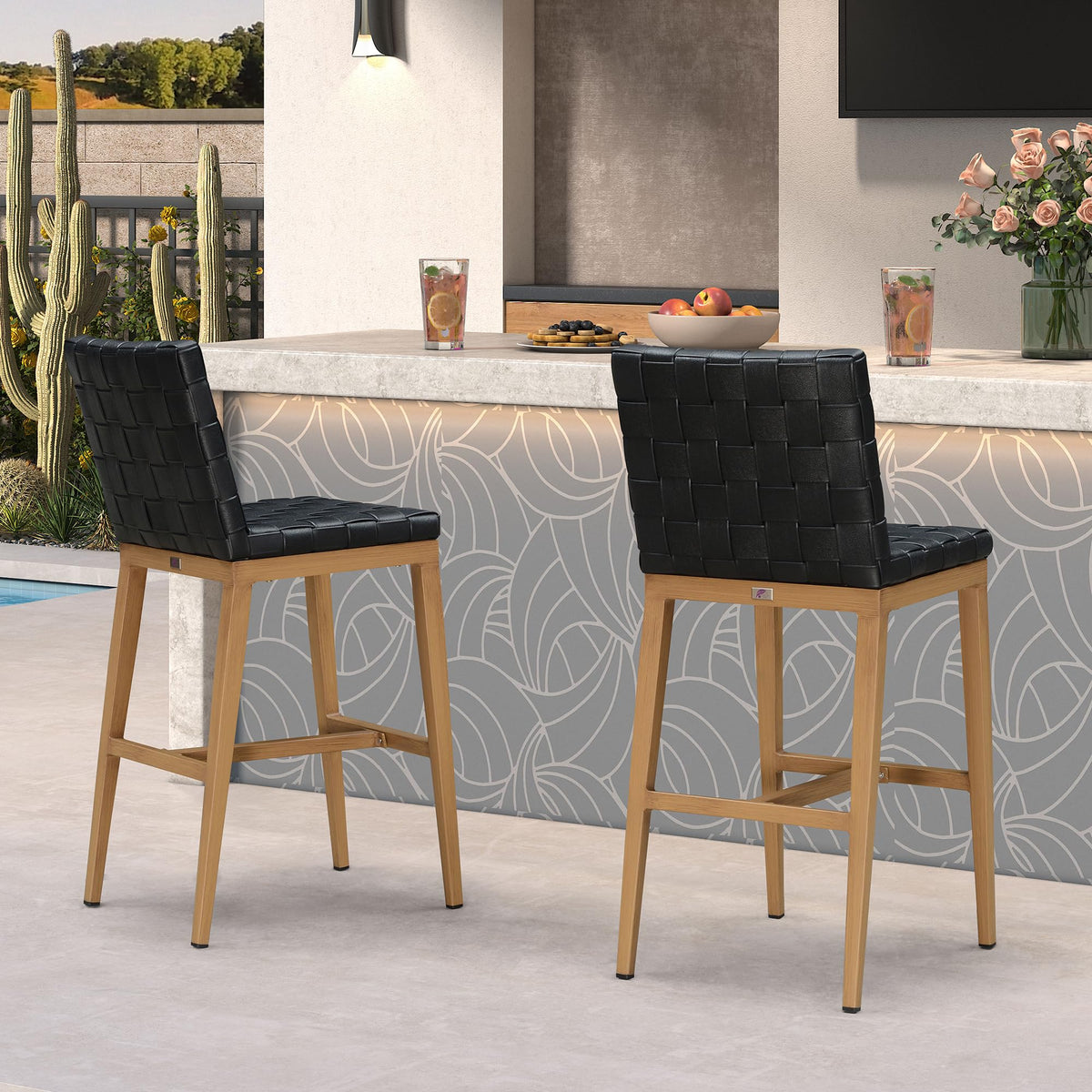 PURPLE LEAF Outdoor Counter Height Stools Set of 2, PU Leather Patio Bar Set with Aluminum Frame, Bar Chairs for Poolside, Garden, Kitchen Island