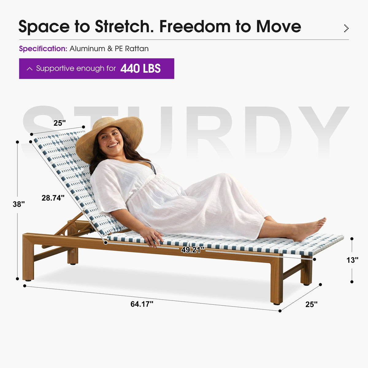 PURPLE LEAF Outdoor Teak Chaise Lounge Chair, Wood Grain Aluminum Outdoor Pool Lounge Chairs with Adjustable Backrest, Breathable Recliner for Patio, Poolside, Garden