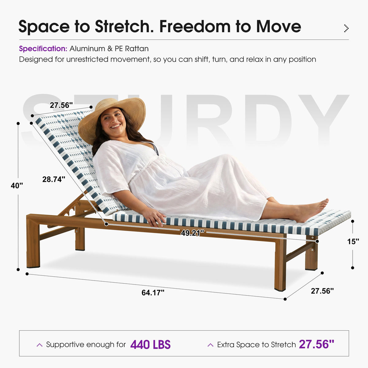 PURPLE LEAF Outdoor Teak Chaise Lounge Chair, Wood Grain Aluminum Outdoor Pool Lounge Chairs with Adjustable Backrest, Breathable Recliner for Patio, Poolside, Garden