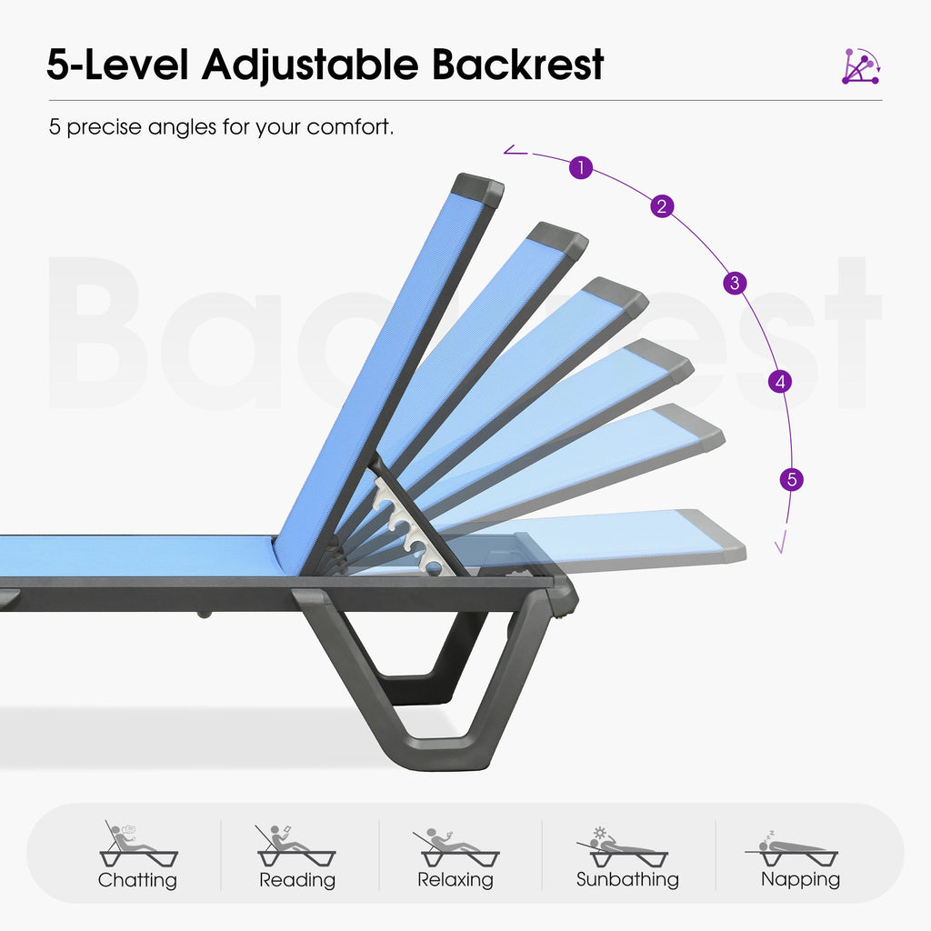 PURPLE LEAF Outdoor Chaise Lounge Patio Chair 5 Positions Adjustable Aluminum Frame with Textilene Seat Lightweight and Durable Pool Chaise Lounge for Patio Poolside Beach Yard