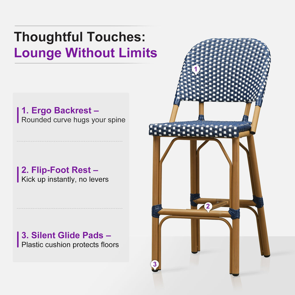 PURPLE LEAF Outdoor Bar Height Stools Set of 2 French Country Patio Rattan Bar Stool Chairs Outdoor Armless Barstools for Porch Garden Indoor Kitchen
