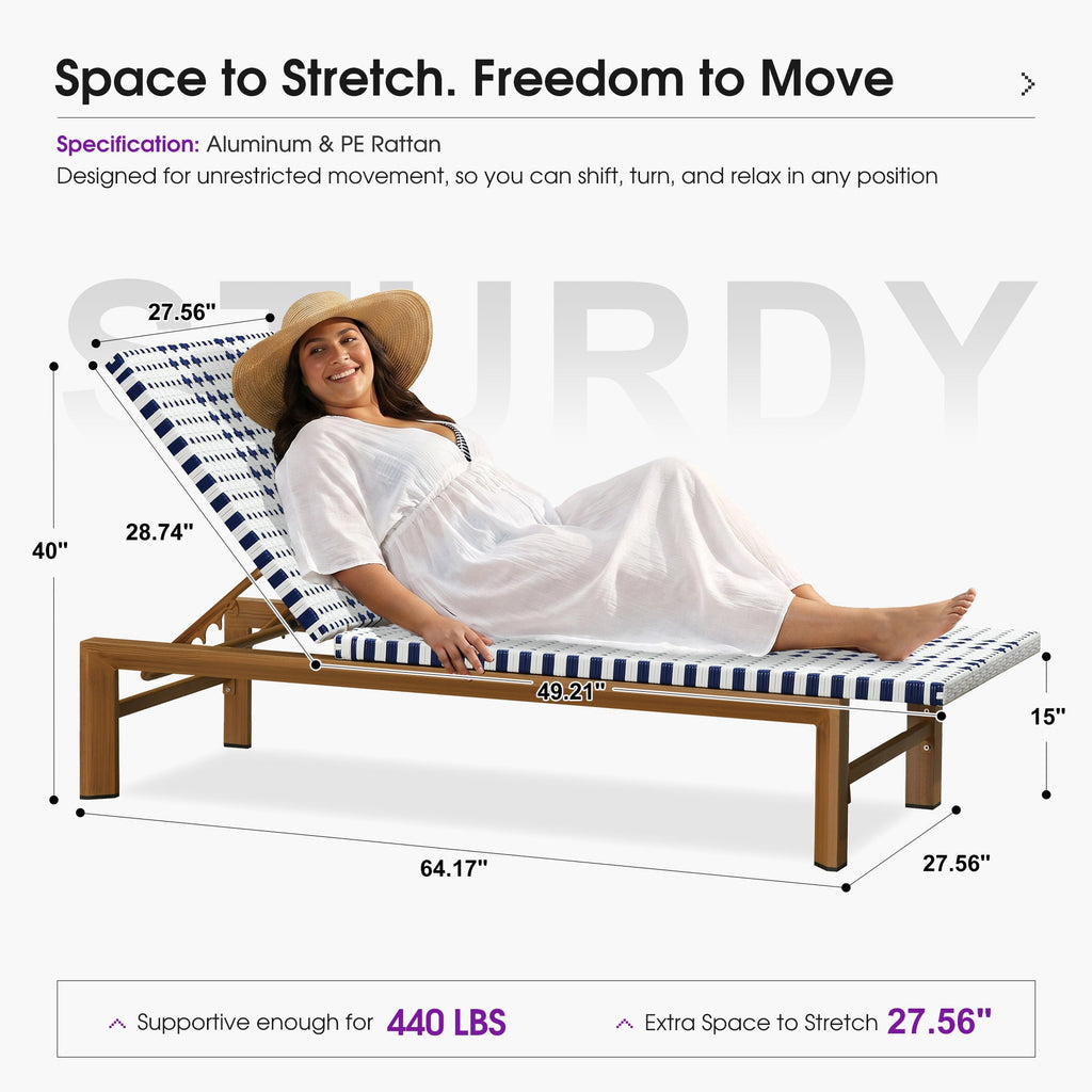 PURPLE LEAF Outdoor Teak Chaise Lounge Chair, Wood Grain Aluminum Outdoor Pool Lounge Chairs with Adjustable Backrest, Breathable Recliner for Patio, Poolside, Garden