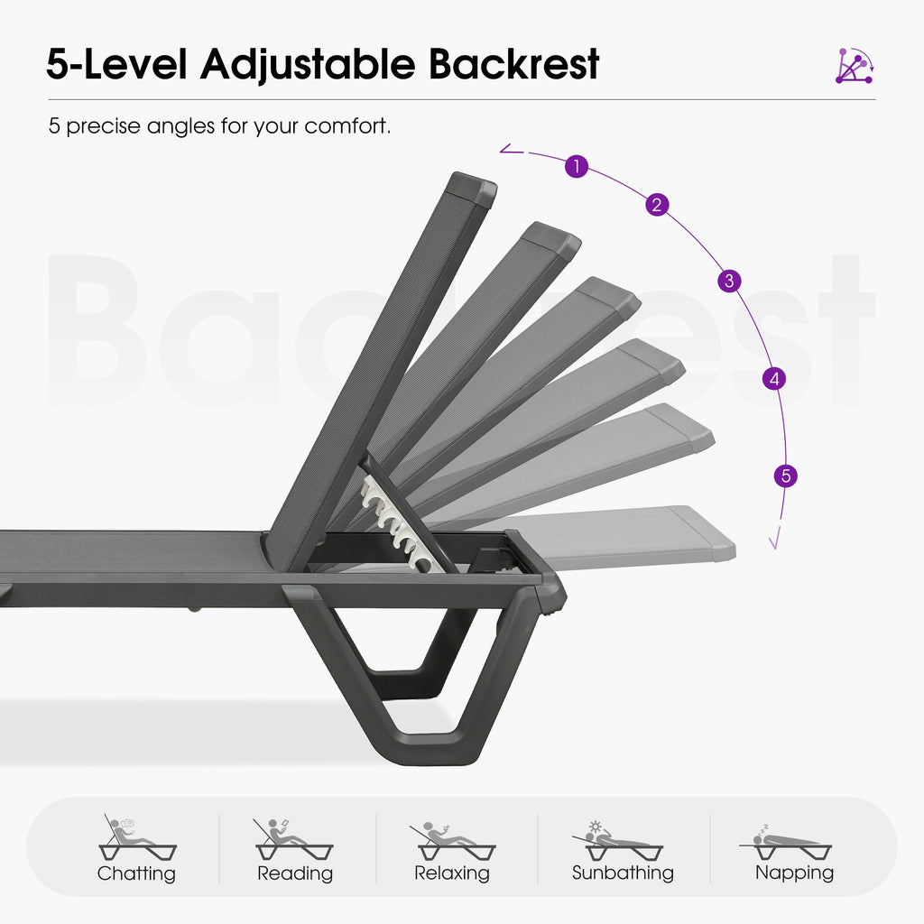 PURPLE LEAF Outdoor Chaise Lounge Patio Chair 5 Positions Adjustable Aluminum Frame with Textilene Seat Lightweight and Durable Pool Chaise Lounge for Patio Poolside Beach Yard
