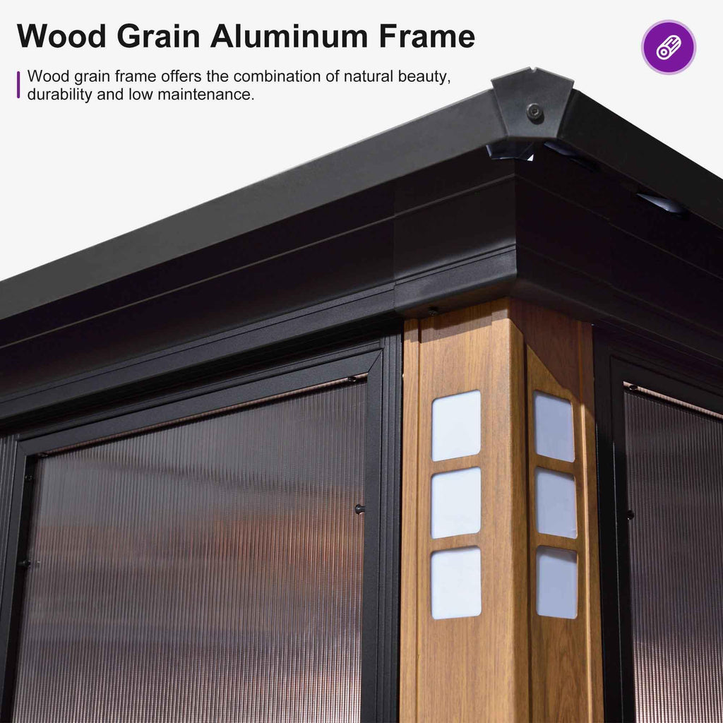 PURPLE LEAF Sunroom Hardtop Gazebo with Wood Grain Columns Black Frame Double Roof Galvanized Steel Solarium All-Weather Screen House with String Lights