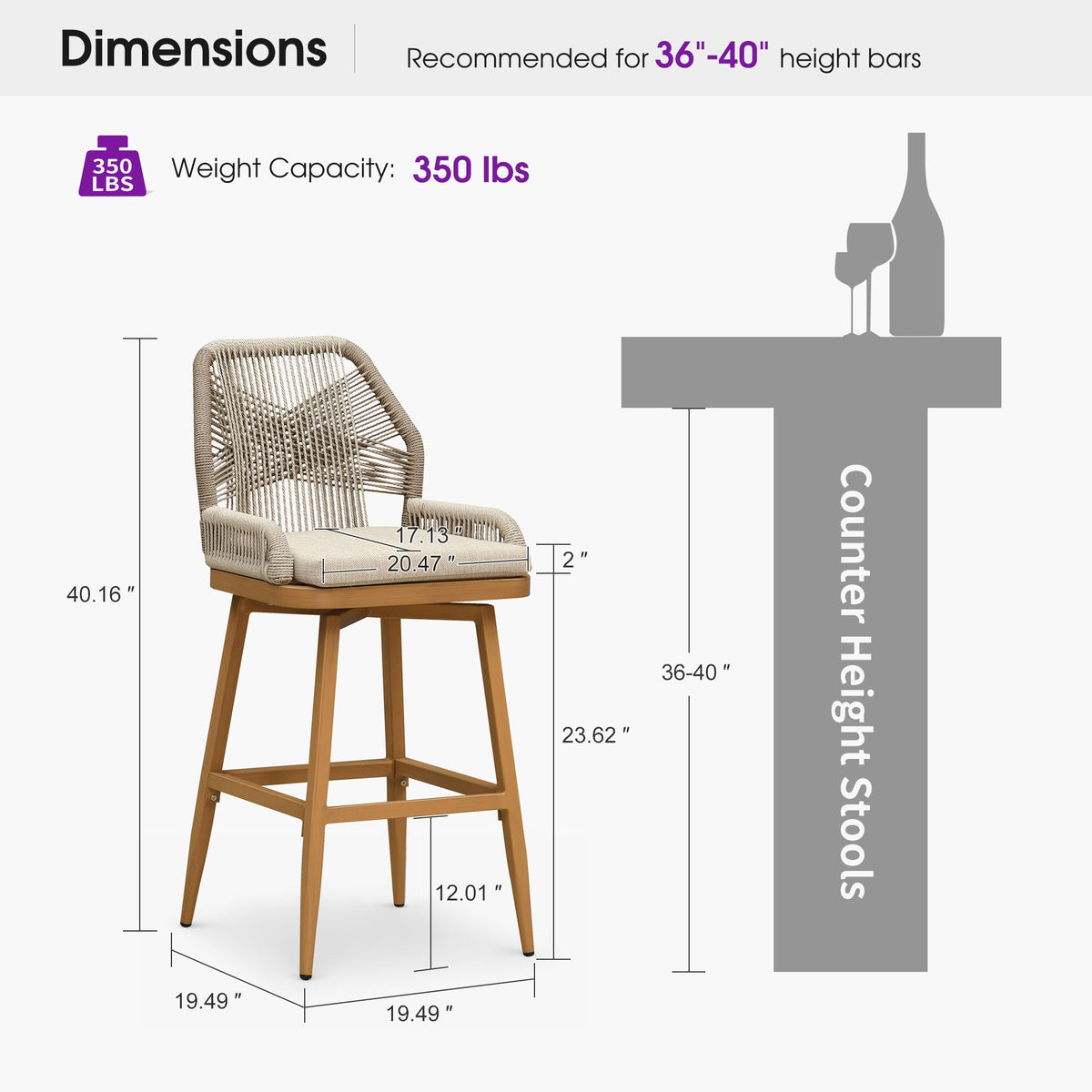 PURPLE LEAF Outdoor Swivel Bar Stools Set of 2 Patio 360° Rotating All-Weather Wicker Stools with Back and Cushion for Outside Backyard Kitchen Bistro Garden Bar