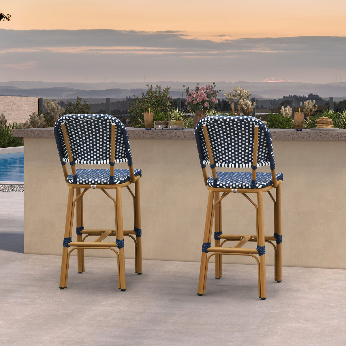 PURPLE LEAF Outdoor Bar Height Stools Set of 2 French Country Patio Rattan Bar Stool Chairs Outdoor Armless Barstools for Porch Garden Indoor Kitchen